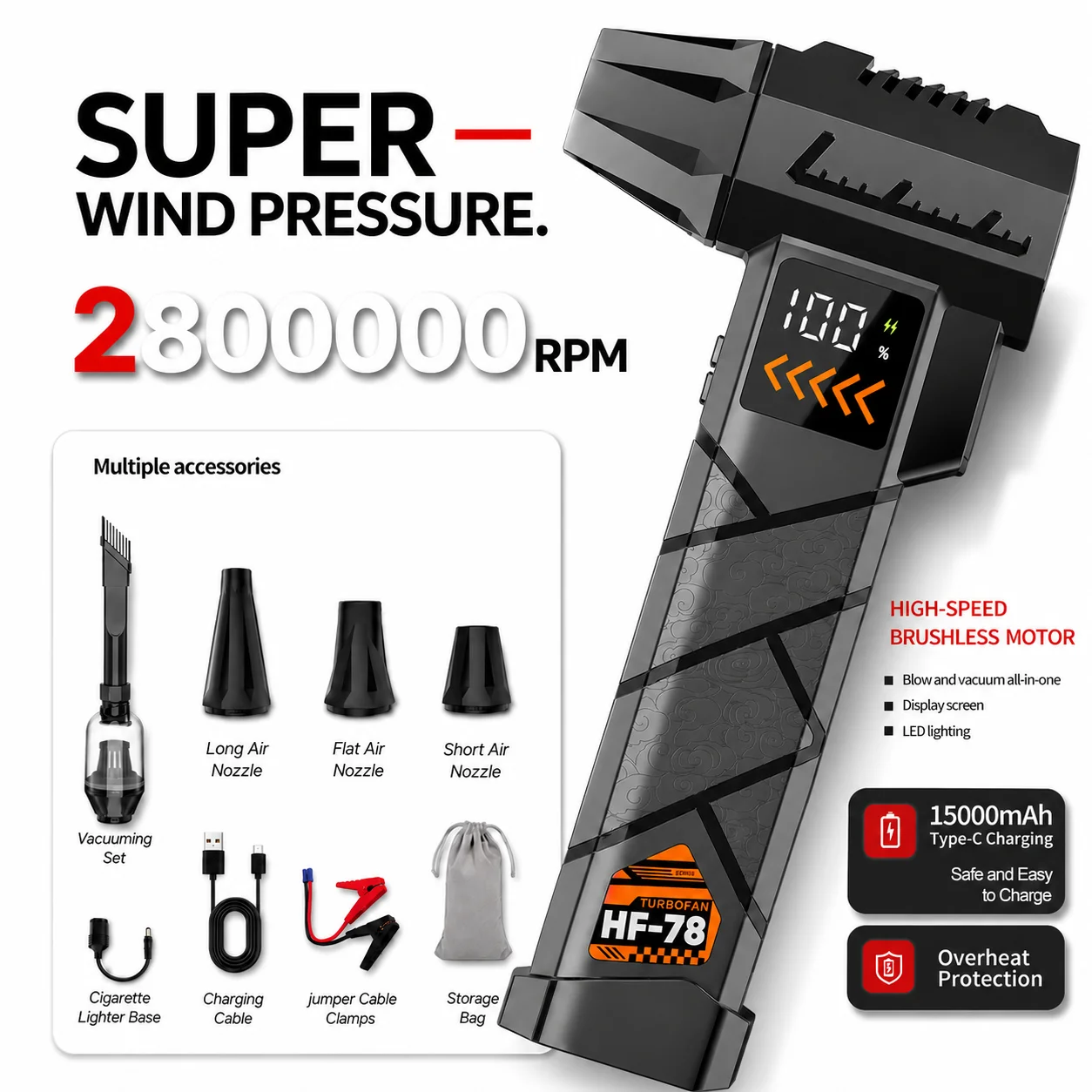 Dryer Car Blower - เครื่องเป่าลมไฟฟ้ากำลังสูงพิเศษ 2800000 รอบต่อนาที แบบไร้สาย เครื่องดูดฝุ่นลมอัด สำหรับรถยนต์